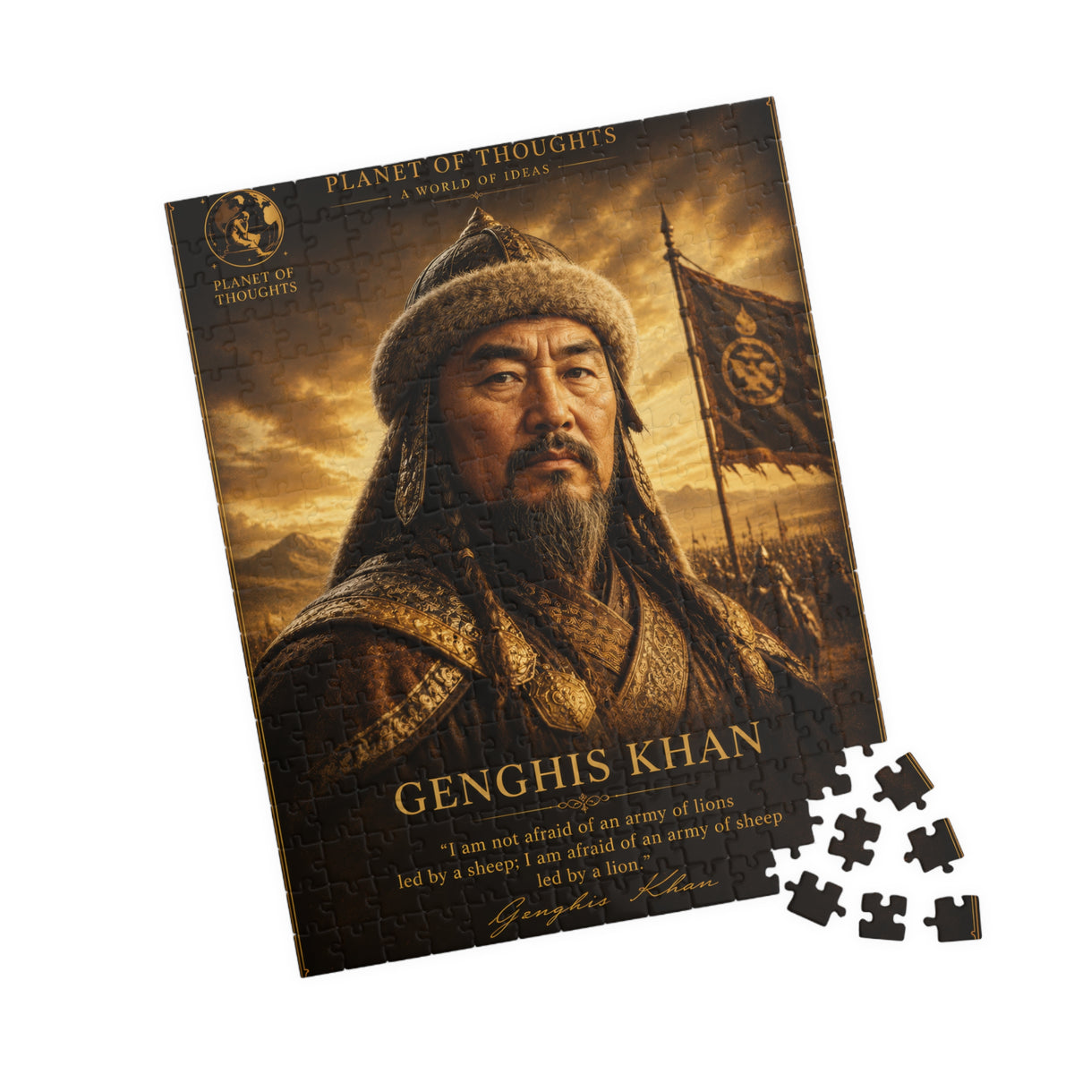 Genghis Khan Historical Portrait Puzzle - 252 Pcs - Vert. — Inspirational Quote Jigsaw (110/252/520/1014 pcs)