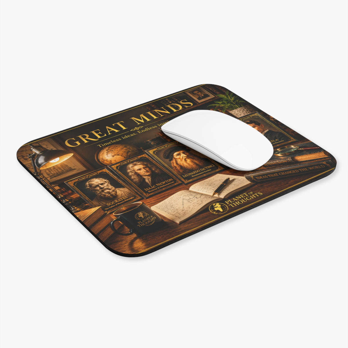 Great Minds Mouse Pad — Inspirational Desk Mat Featuring Famous Thinkers (Socrates, Newton, da Vinci, Curie, Tesla)