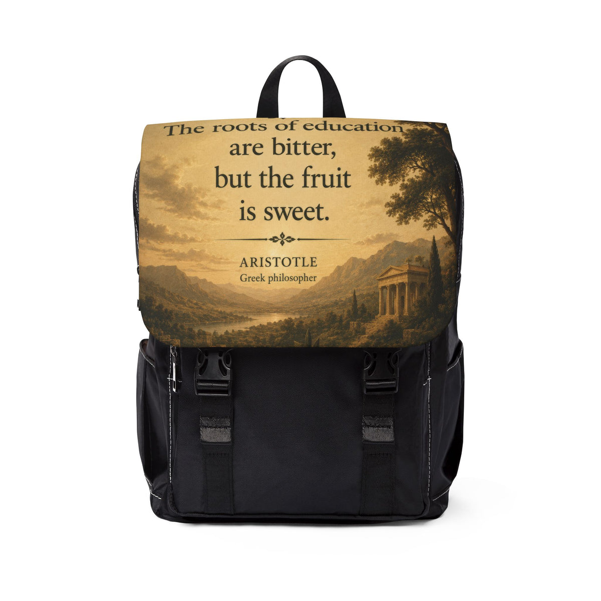 Aristotle Quote Backpack — "The roots of education are bitter, but the fruit is sweet" Shoulder Bag