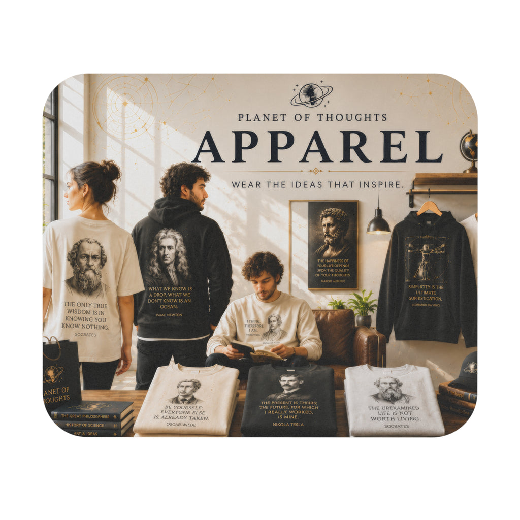 Philosopher Portrait Rectangular Mouse Pad — 'Planet of Thoughts' Desk Mat