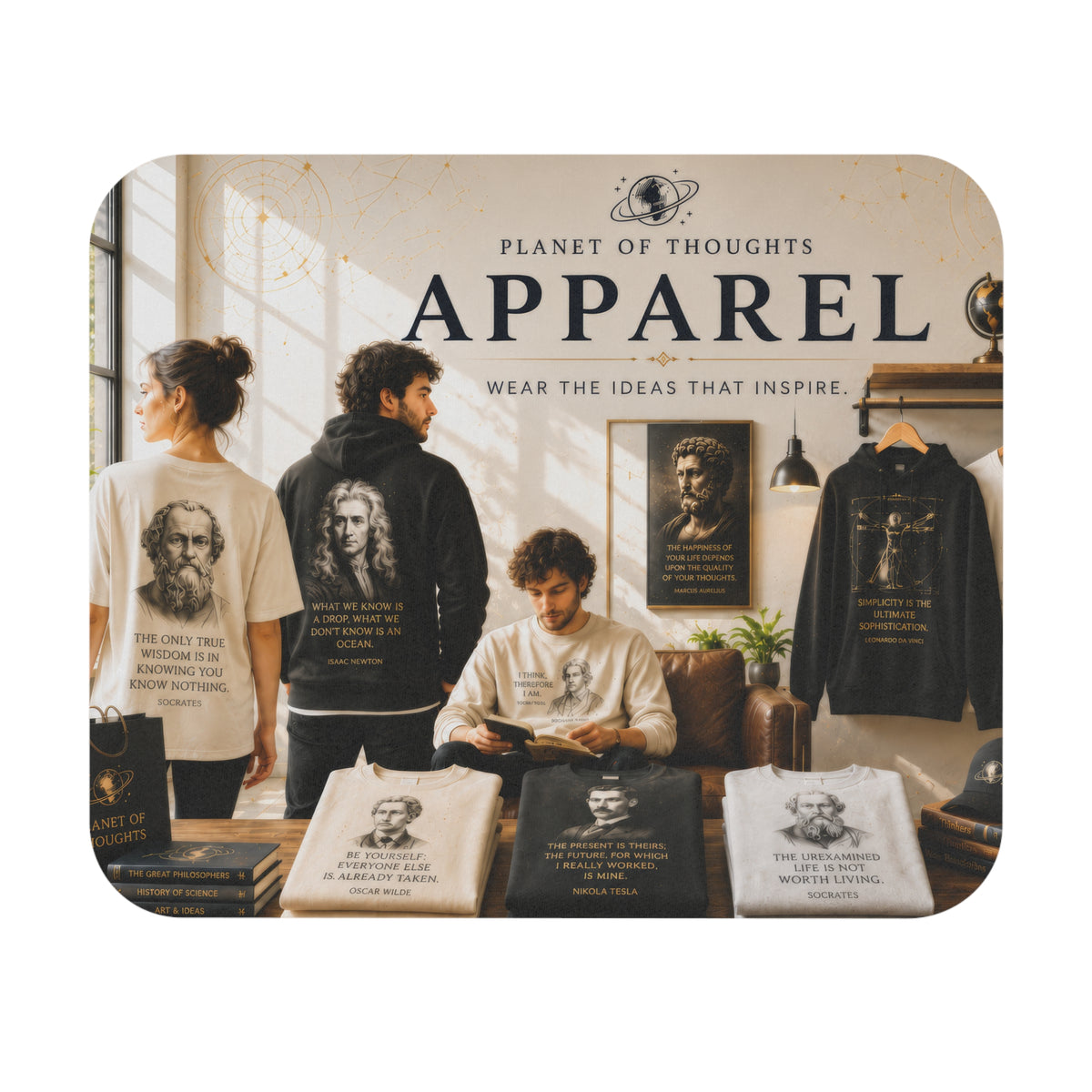 Philosopher Portrait Rectangular Mouse Pad — 'Planet of Thoughts' Desk Mat