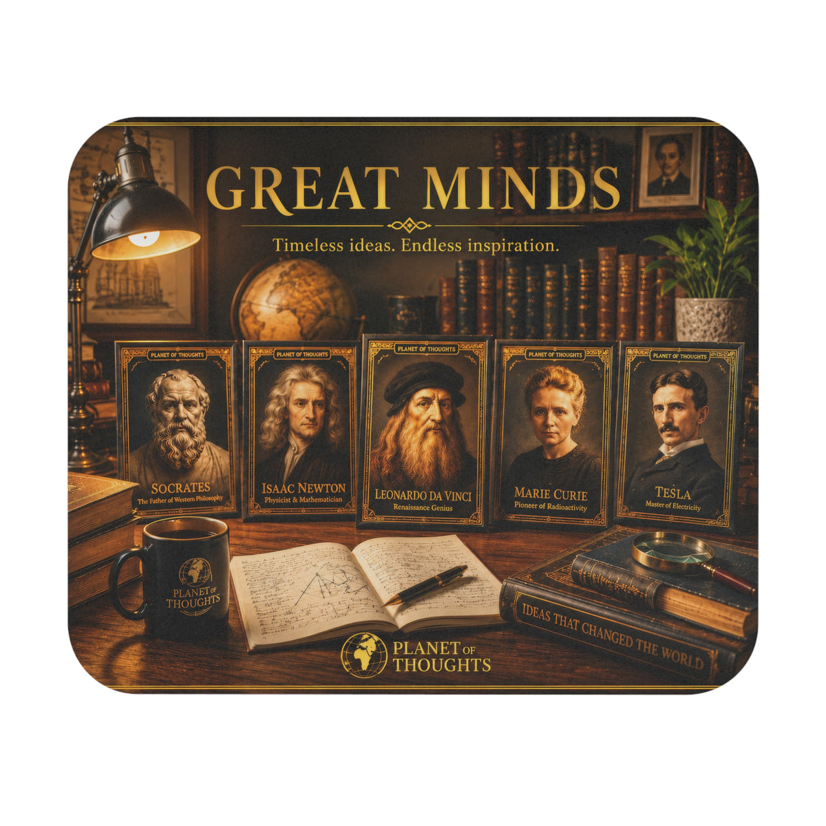 Great Minds Mouse Pad — Inspirational Desk Mat Featuring Famous Thinkers (Socrates, Newton, da Vinci, Curie, Tesla)