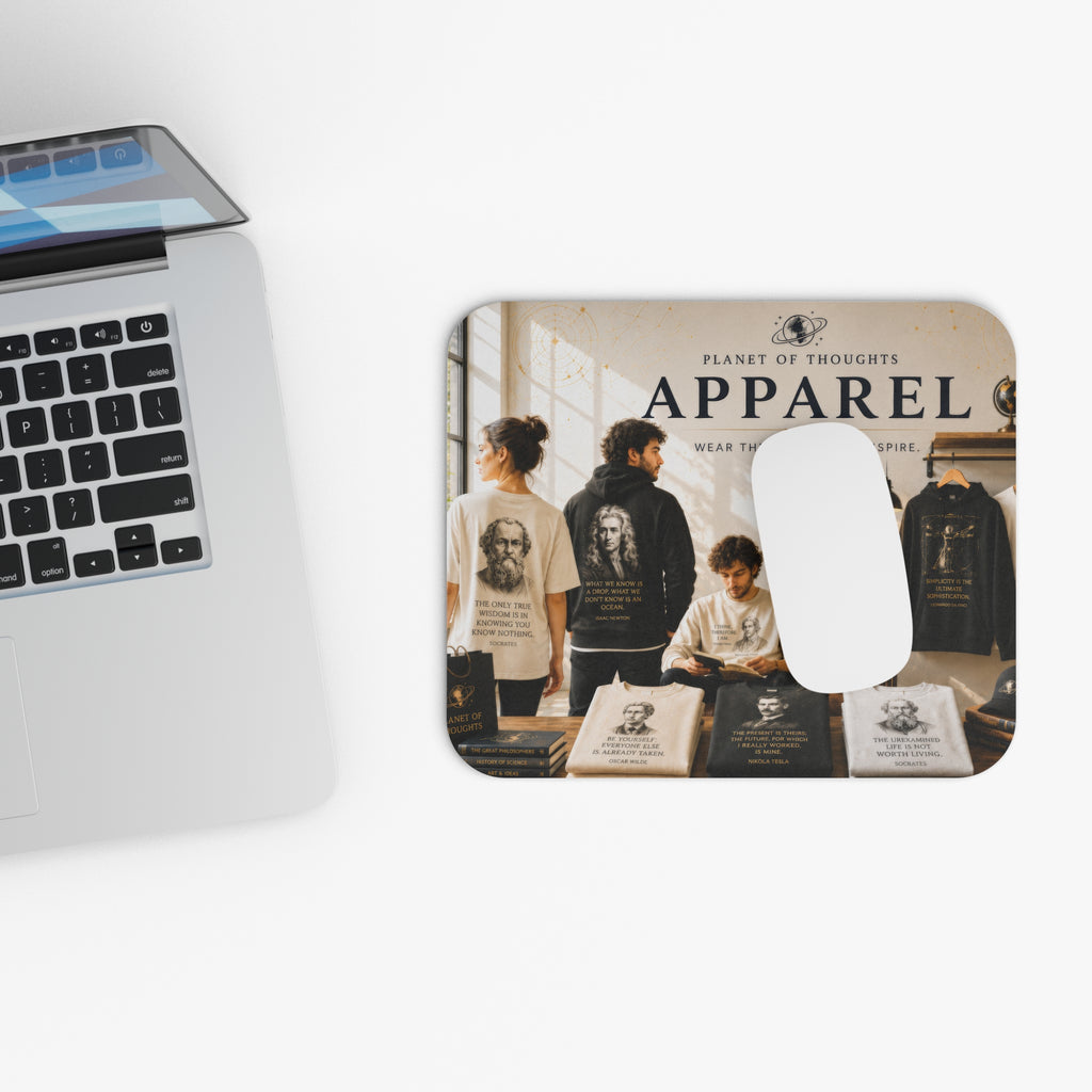 Philosopher Portrait Rectangular Mouse Pad — 'Planet of Thoughts' Desk Mat